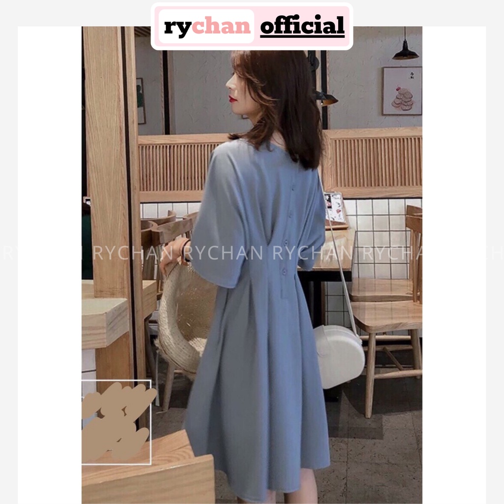 DX263 - Đầm Xòe Xám Xanh Nút Sau Tay Lỡ