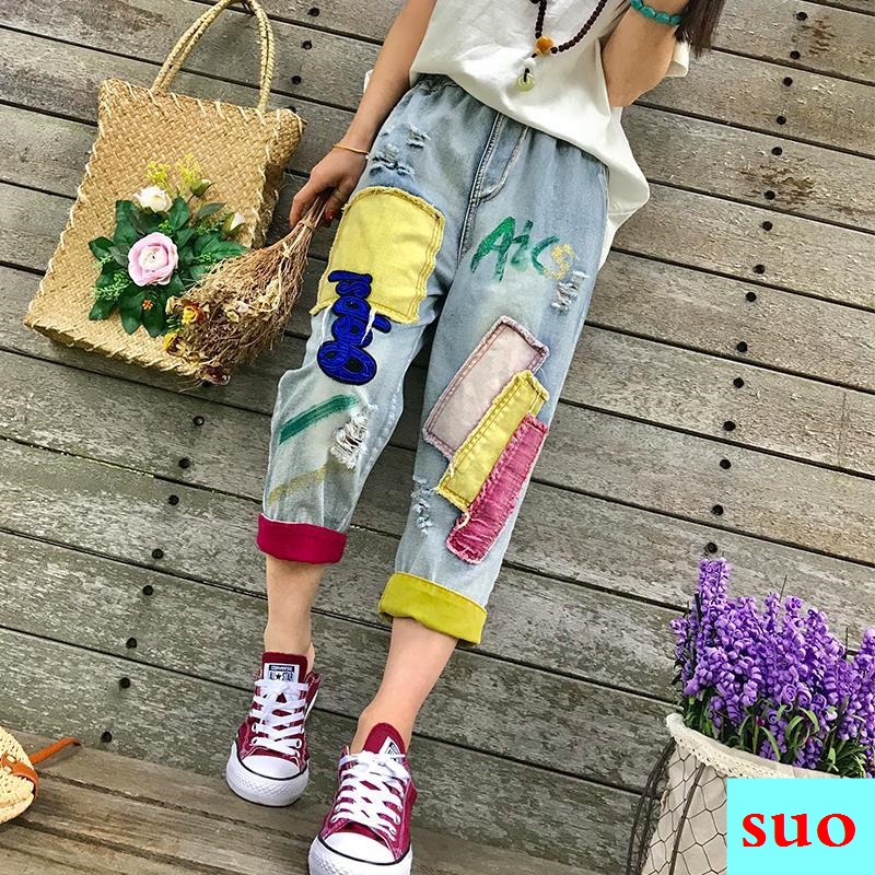 Hàng Có Sẵn Zhu Quần Jean Lửng Dáng Rộng Lưng Thun Co Giãn Thêu Họa Tiết Cổ Điển Màu Sắc Tương Phản Cỡ Lớn Thời Trang Mùa Hè Cho Nữ