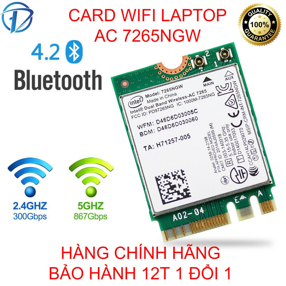 Card WiFi AC 7265NGW chuẩn 5G tốc độ 867Mbps cho Laptop Dell | HP gen5 -&gt; gen 8 chuẩn AC có Blueooth 4.2 khe M.2