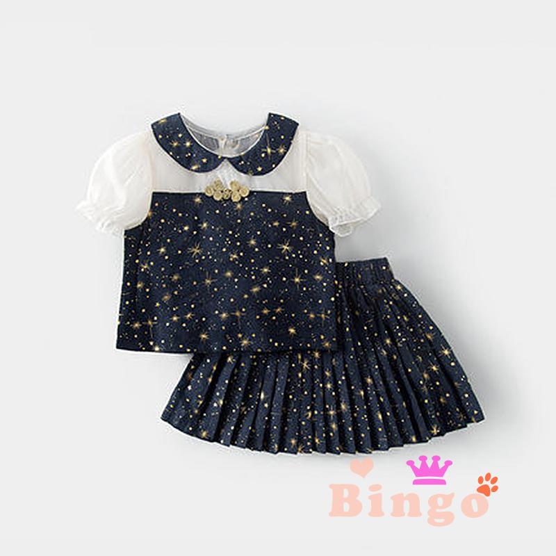 ✿☌☌2 Pieces Kids Suit Set, Girls Star Print Peter Pan Collar Short Sleeve Pullover+ Pleated Skirt for Summer