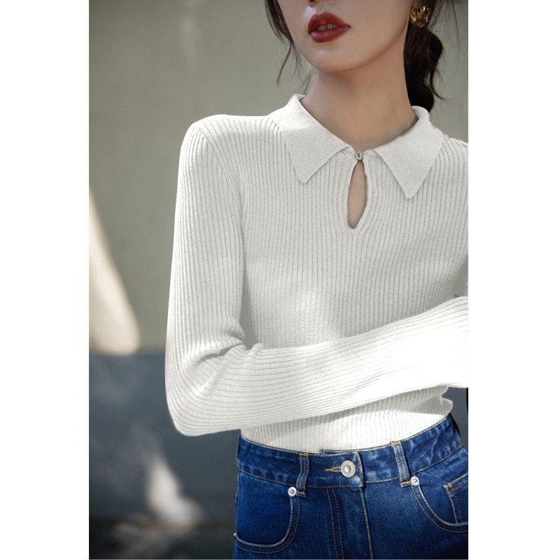 Áo sweater dệt kim cổ bẻ màu trơn phong cách retro thời trang mùa đông dễ phối đồ cho nữ