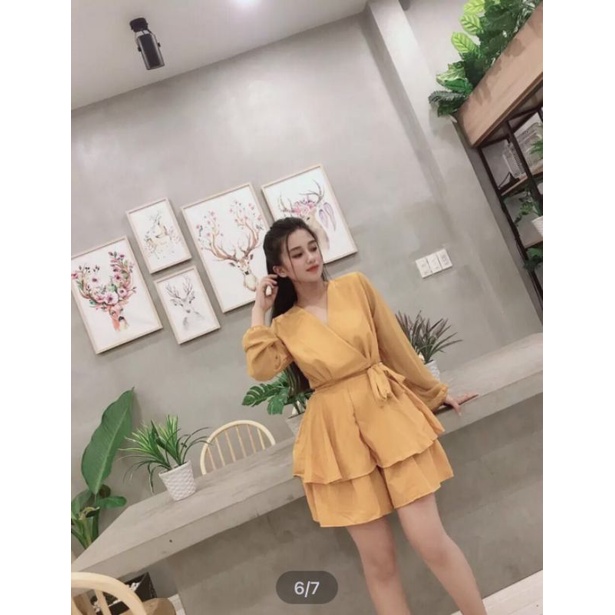 jum vàng tầng pass tay dài bo chun thắt nơ eo cổ tim sang chảnh , chất liệu vải lụa mềm mịn mặc mát free size 45kg-58kg