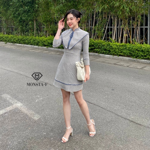 Đầm váy nữ, vải dạ, cổ thuỷ thủ tay lỡ, from dáng chữ A sang trọng trẻ trung thanh lịch, Monsta- F Thời trang công sở
