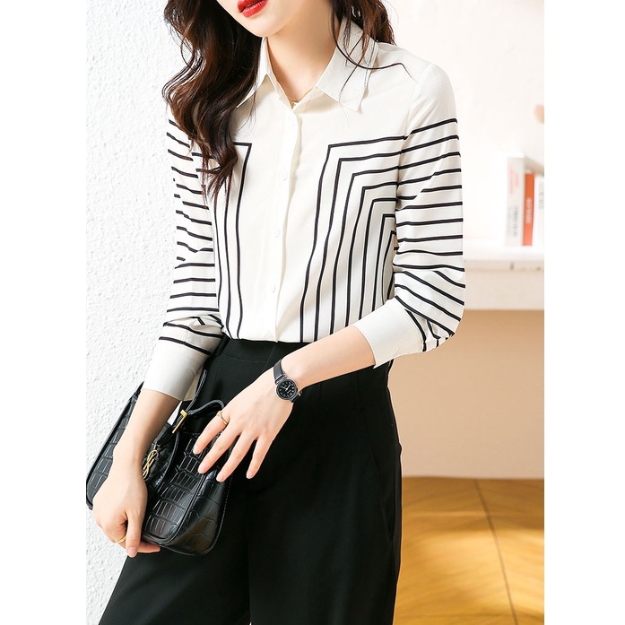 Áo Sơ Mi Tay Dài Dáng Rộng Vải Lụa Crepe Họa Tiết Kẻ Sọc Thời Trang Chuyên Nghiệp Cho Nữ
