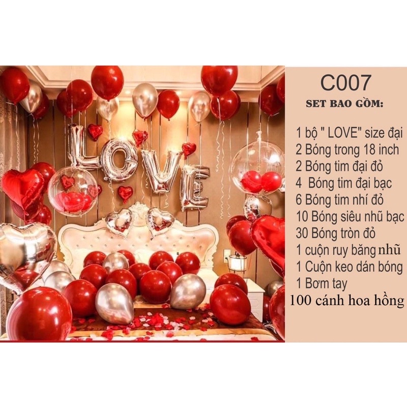 Sét Bóng Trang Trí Phòng Cưới, Tân Hôn Tặng Cánh Hoa Hồng + Bơm Keo