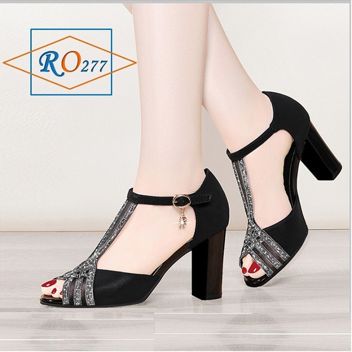 Giày sandal nữ cao gót 7p hàng hiệu rosata hai màu đen tím ro277