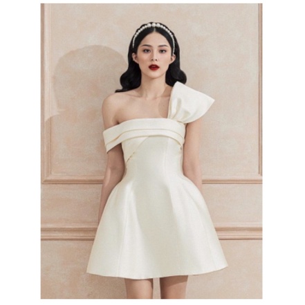 Đầm dự tiệc đầm sang trọng đầm dáng xoè Taffta nơ ngực chéo vai đi chơi dạo phố công sở