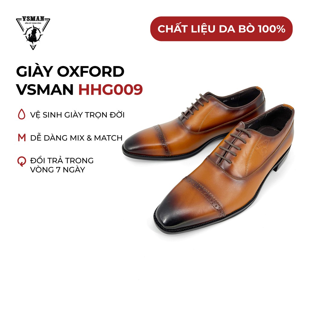 Giày tây Oxford cột dây da bò thật VSMAN - Giày da nam công sở mũi vuông đế phíp cao cấp dành cho quý ông - HHG009
