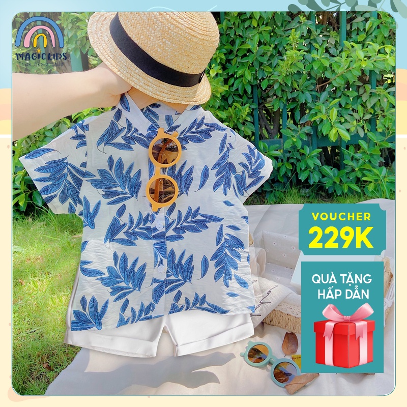 Bộ đồ bé trai đi biển đi chơi áo chất đũi quần đùi kaki thoáng mát Magickids Quần áo trẻ em mùa hè