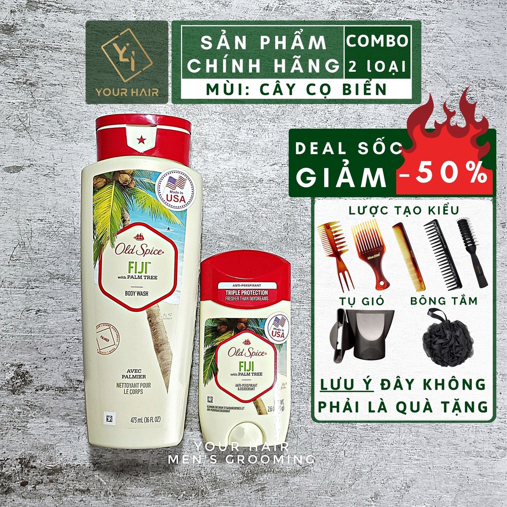 COMBO Hương Fiji Cây Cọ Biển | Sữa tắm & Lăn Khử Mùi Old Spice Fiji with Palm Tree | Chính hãng USA