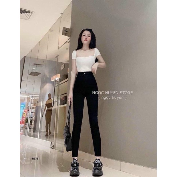 Quần jeans đen trơn co dãn cạp cao kèm ảnh thật