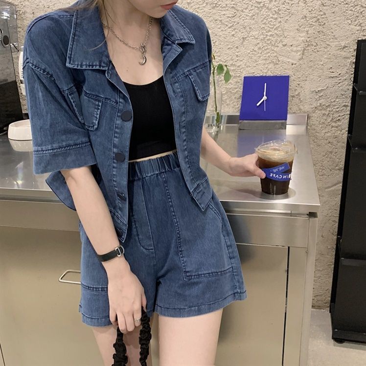 Bộ Áo Khoác Denim Ngắn Tay Dáng Rộng + Quần Short Lưng Cao Thời Trang Hàn Quốc 2022 Dành Cho Nữ