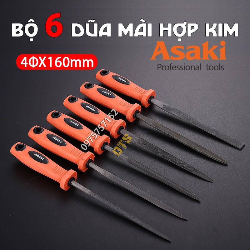 Bộ dũa mài kim loại hợp kim 4x160mm Asaki AK-3899, bộ 6 giũa mài đa năng thép carbon T2 chống mài mòn, dũa mini cao cấp