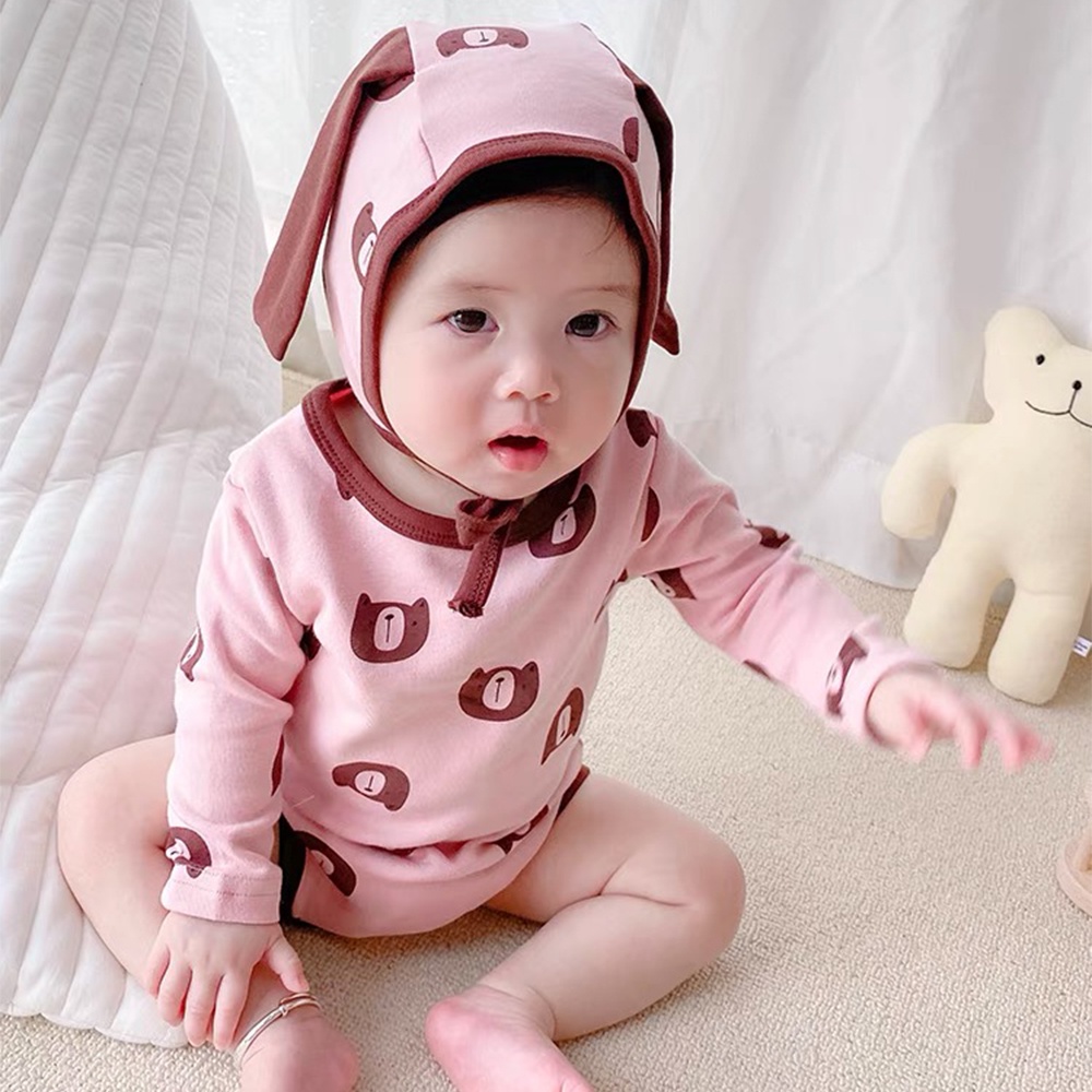 Bộ Áo Liền Quần Tay Dài + Mũ Tai Gấu Hoạt Hình Dễ Thương Cho Bé Sơ Sinh 0-24 Tháng Tuổi
