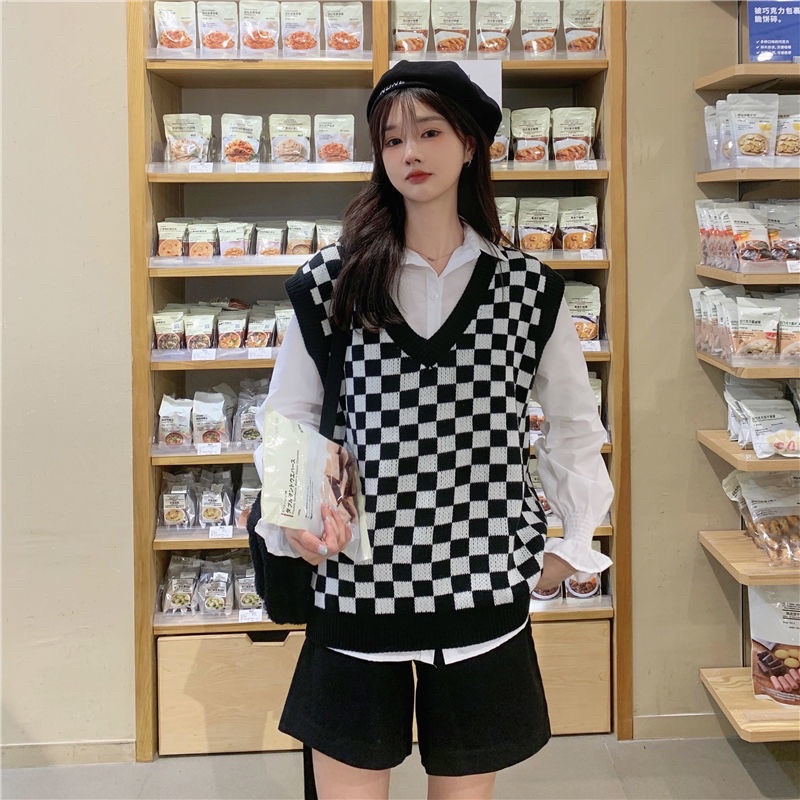 Áo gile len nữ cổ V họa tiết kẻ sọc caro phong cách Hàn Quốc GL5 | BigBuy360 - bigbuy360.vn