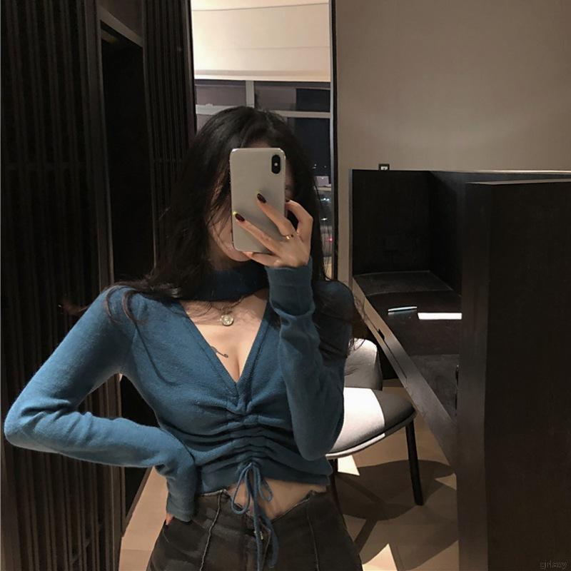 Áo Kiểu Dệt Kim Tay Dài Cổ Chữ V Có Dây Rút Giữa Màu Trơn Phong Cách Hàn Quốc