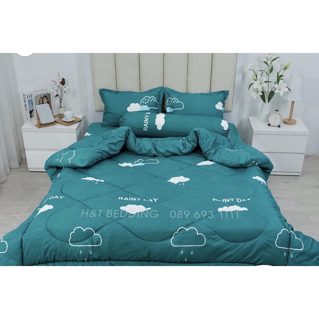 Bộ 5 món chăn phao đô rê mon cotton poly, set 5 món chăn phao doremon miễn phí bo chun ga giường