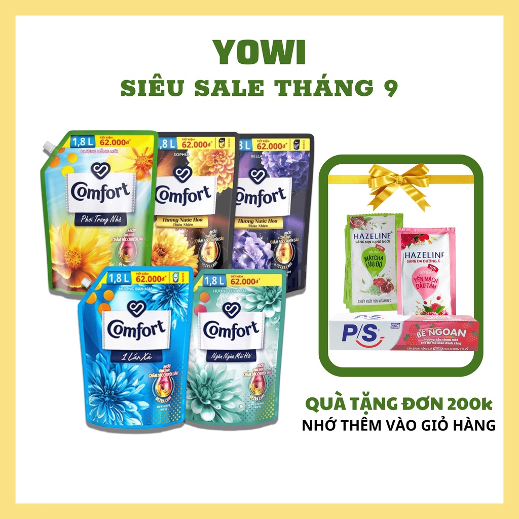 Nước Xả Vải Comfort Hương Ban Mai/ Hương Tươi Mát/ Hương Nước Hoa Bella/ Hương Nước Hoa Sofia/ Hương Nắng Mới 1,8L