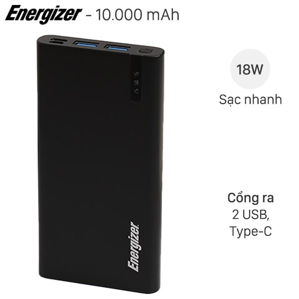 Pin sạc dự phòng Polymer 10000mAh Type C PD QC3.0 Energizer UE10047PQ Đen