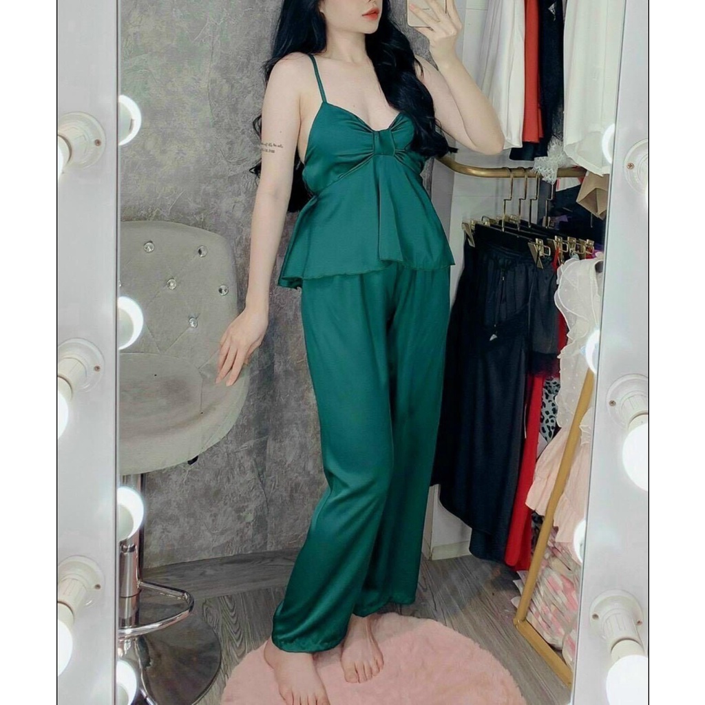 Bộ ngủ nơ ngực có tâng đưa quần dài Lụa Satin, không mút lót | BigBuy360 - bigbuy360.vn