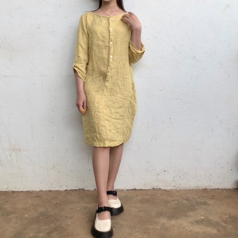 Đầm 2hand chất Đũi màu vàng