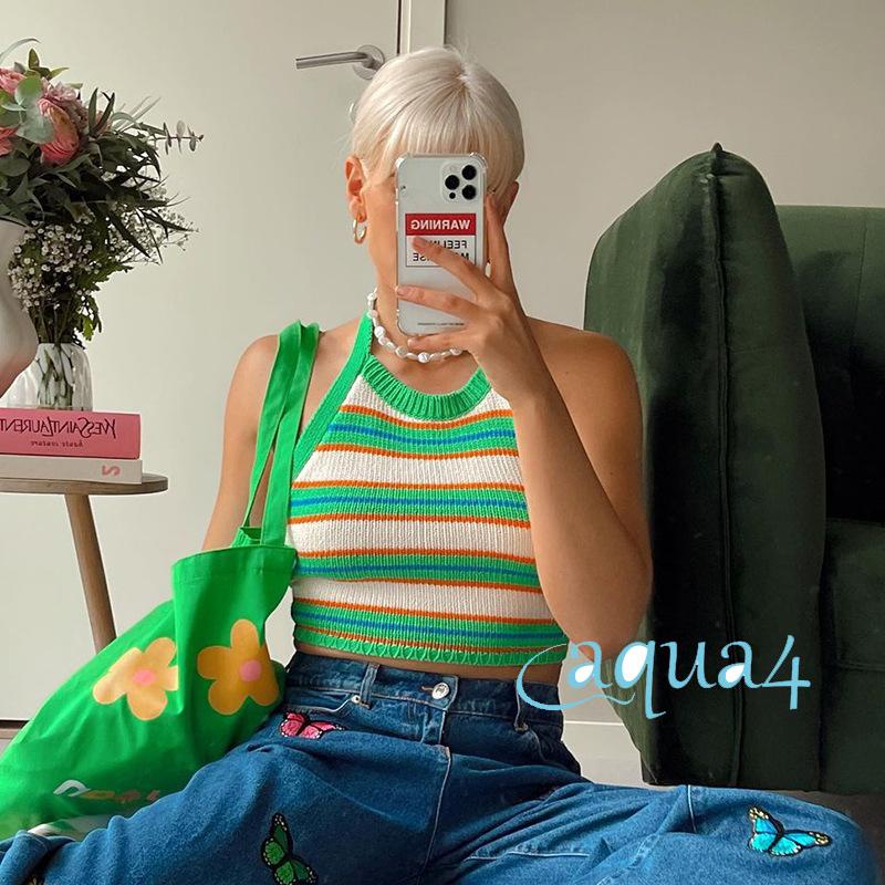 Anana-áo Croptop Cổ Yếm Họa Tiết Sọc Ngang Màu Xanh Dương/ Xanh Lá Gợi Cảm Cho Nữ