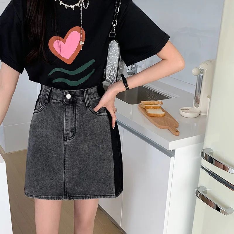 Jiashucheng Chân Váy Denim Chữ a Lưng Cao Màu Sắc Tương Phản Thời Trang Mùa Hè Cho Nữ