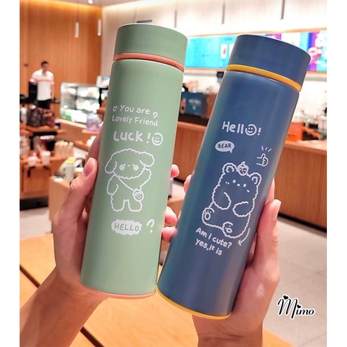 Bình giữ nhiệt cute họa tiết hoạt hình gấu, thỏ, bình inox an toàn chắc chắn dung tích 450ml màu sắc năng động trẻ trung