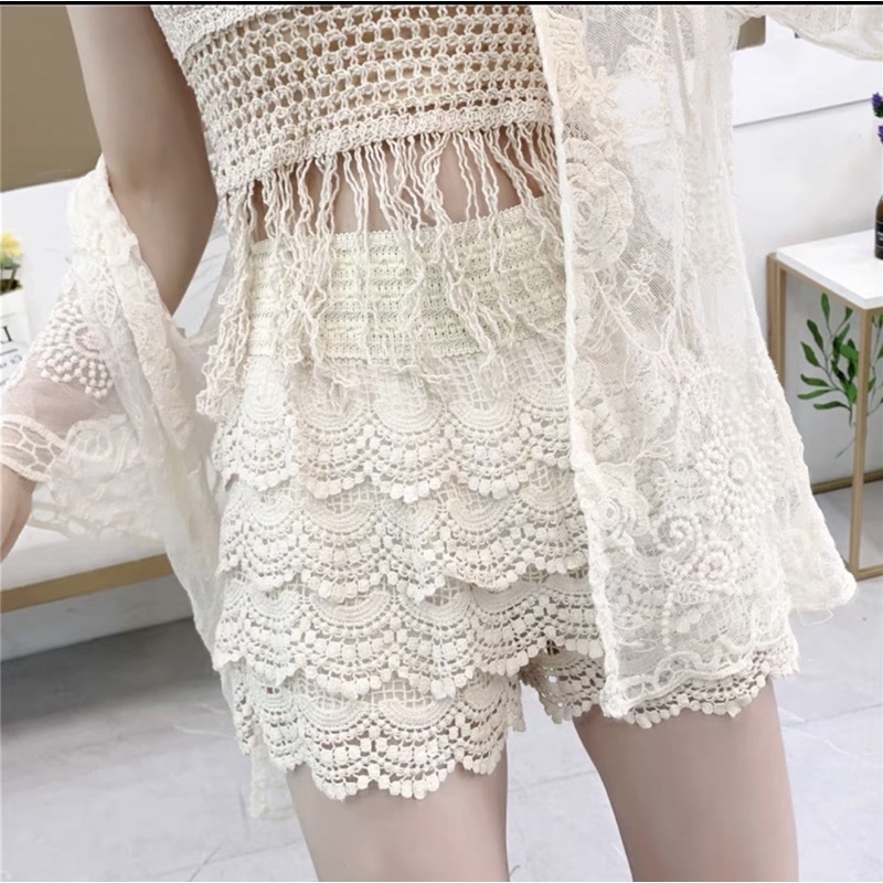 Set biển mới - set 3 món - áo bra tua rua dài + quần ren tầng + choàng ren hoa hồng (có tách rời)