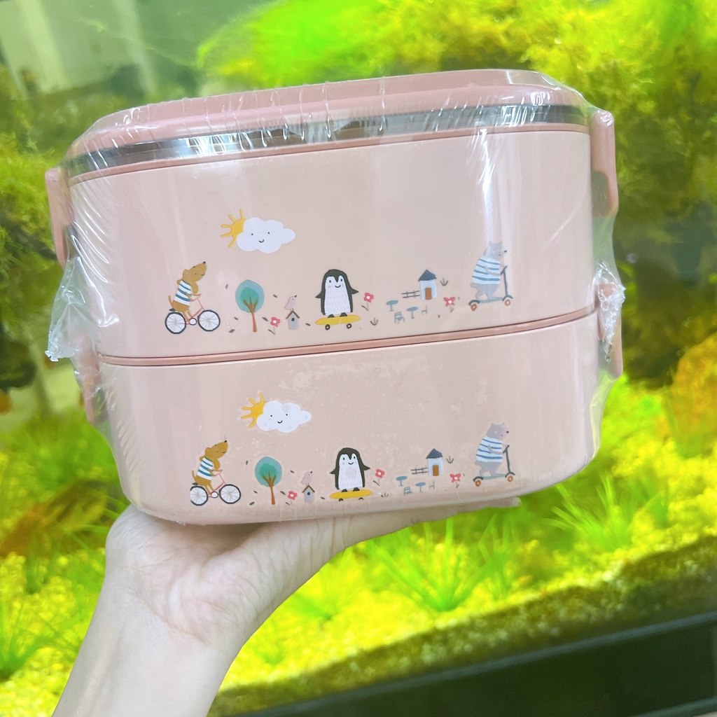 Hộp Đựng Cơm Giữ Nhiệt Ăn Trưa Văn Phòng 3 Ngăn - Nhựa/Lúa Mạch- Kèm Thìa Cao Cấp inox 304