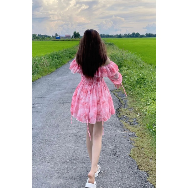 Đầm hoa hai dây rớt vai cao cấp PLD23