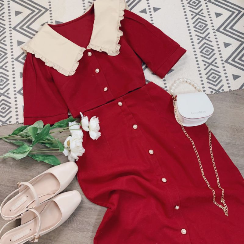 SET ÁO CROPTOP CỔ BÈO MIX CHÂN VÁY MIDI 8312