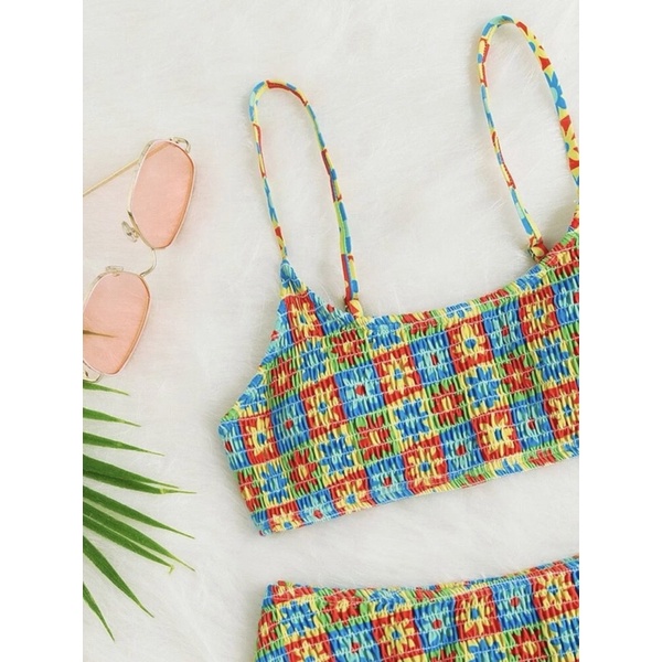 Set bikini hai mảnh  kín đáo dễ thương họa tiết hoa kẻ ô