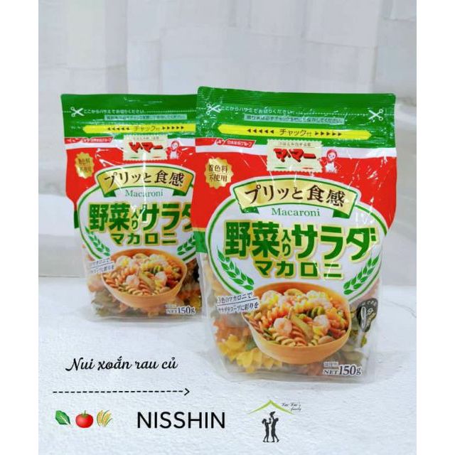 [Nisshin] Nui xoắn rau củ Nhật cho bé từ 7 tháng tuổi, macaroni gói 150gr
