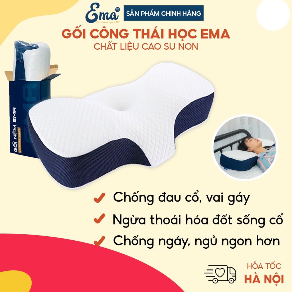 Gối công thái học Ema chất liệu cao su non - Giảm đau mỏi cổ vai gáy, hỗ trợ ngủ nhanh - BH 12 tháng