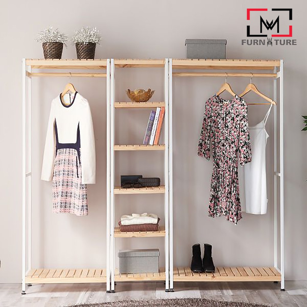 Combo tủ treo quần áo gỗ khung sắt tĩnh điện cao cấp màu trắng thương hiệu MW FURNITURE - Combo iron closet