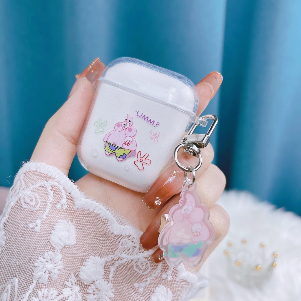 Lovely Cartoon Kuromi SpongeBob Transparent Protective Case with Pendant,Shockproof Cover, Compatible for Apple Airpods 1/2/Pro/3