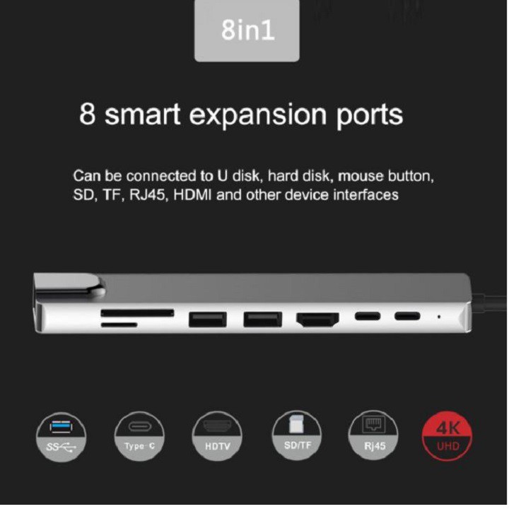 Hub Type C 8in1 - Cổng chuyển đổi HUB USB Type-C to HDMI, USB 3.0, SD, TF, RJ45, PD Type-C cho Laptop Macbook