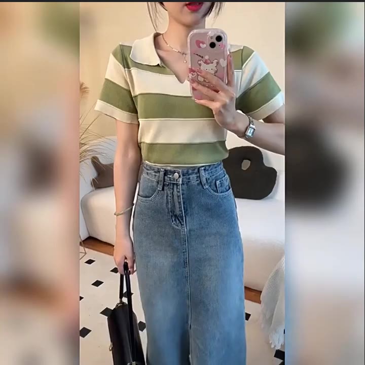 [L2M] Áo len Montoghi dệt kim CỔ BẺ CHỮ V sọc BẢN TO tay ngắn phong cách Hàn Quốc xinh xắn | BigBuy360 - bigbuy360.vn