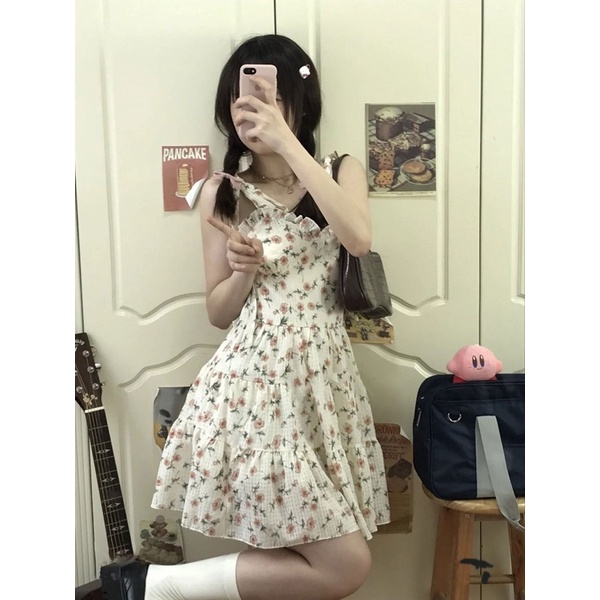 Váy hai dây hoa nhí tiểu thư vintage buộc nơ