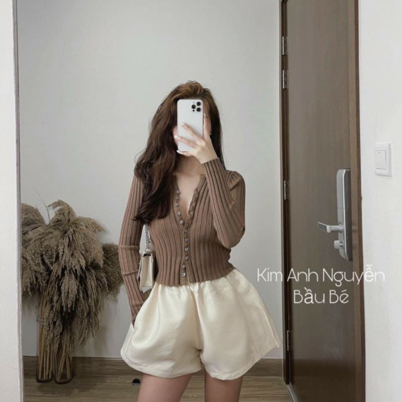 Áo len gân cổ tròn khuy dài tay Quảng châu