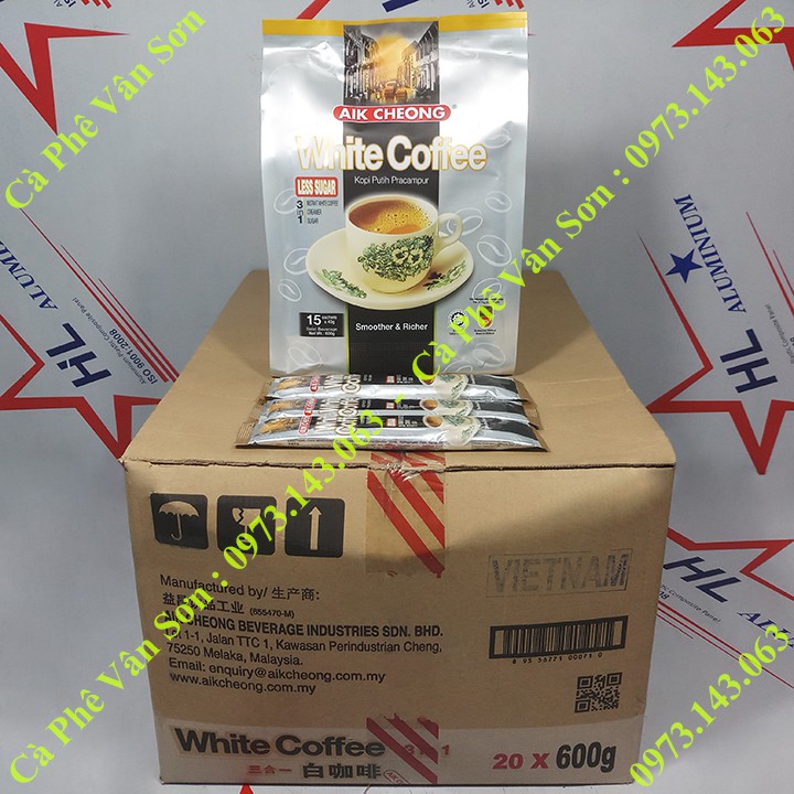 05 bịch Cà phê ít đường Aik Cheong White Coffee (less sugar) 600g (15 gói dài * 40g)