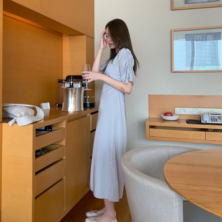 Đầm dáng dài Peppermint 42646 tay ngắn cổ chữ V phong cách Hàn Quốc thời trang cho nữ