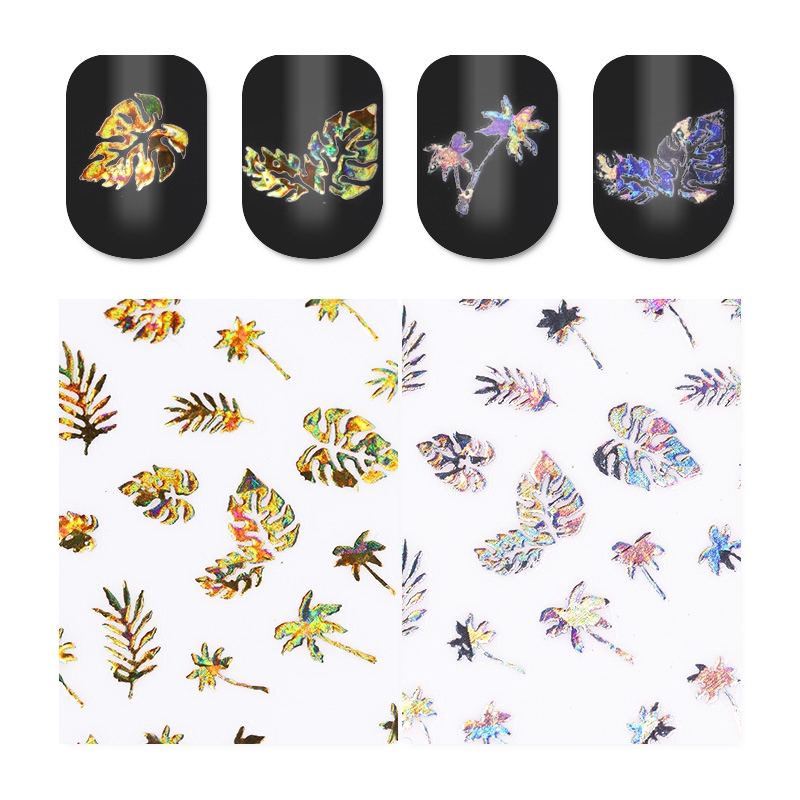 1 Sheet Gold Silver 3D Nail Sticker Leaf Coconut Tree Holographic Shiny DIY Nail Art Adhesive Transfer Sticker Decors