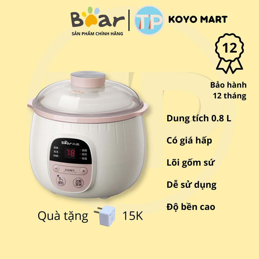 Nồi nấu chậm Bear B08C1S, dung tích 0.8 lít, ninh hầm, nấu cháo, chưng yên, hấp cách thủy, sử dụng gốm sứ cao cấp