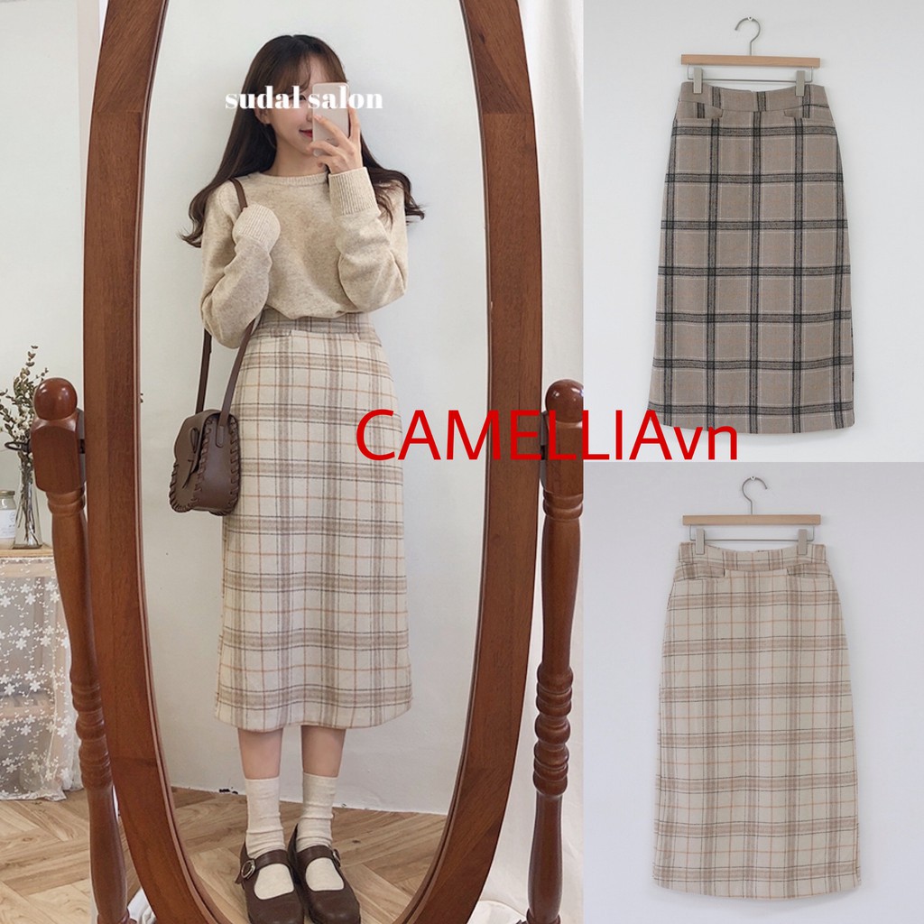 Kumivn order chân váy dạ kẻ lưng cao dáng dài suông kiểu MORAN ulzzang Hàn Quốc