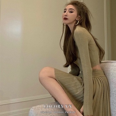 Set Áo Len Croptop Tay Dài Cổ Tròn + Chân Váy Chữ A Lưng Cao Xếp Ly Thời Trang Cho Nữ - Hàng nhập kh