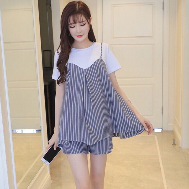 Bộ bầu lụa đẹp kẻ - bộ đồ mặc bầu và sau sinh