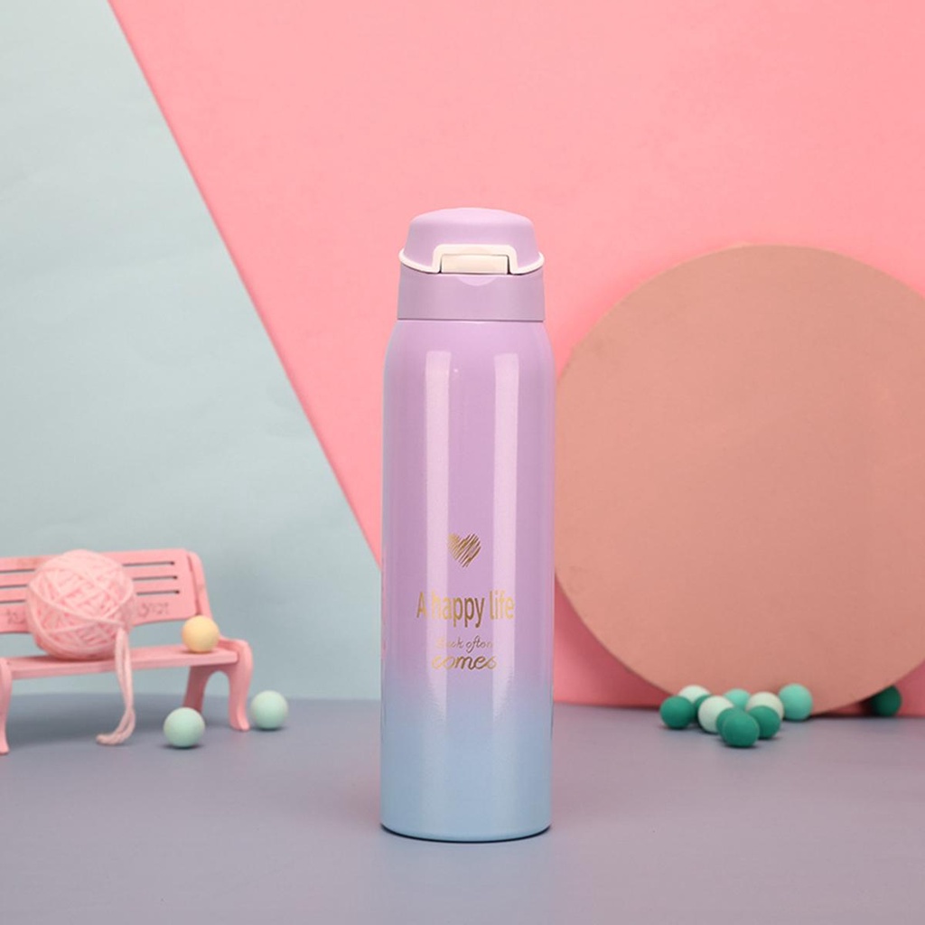 YIYU Bình Nước Giữ Nhiệt Bằng Thép Không Gỉ Màu Sắc Tuyến Tính Kèm Ống Hút