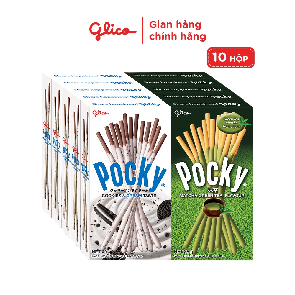 Bánh snack que phủ kem Glico Pocky Happy Set I combo 10 hộp (5 cookies cream 5 matcha)